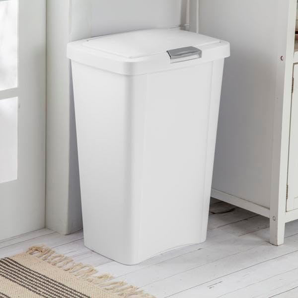 Sterilite 13 Gallon Plastic Swing Top Spave Saving Flat Side Lidded Wastebasket Trash Can for Kitchen, Garage, or Workspace, White