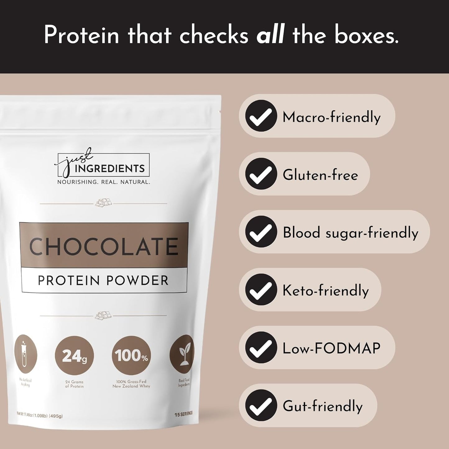 JUST INGREDIENTS Chocolate Protein Powder | 15 Servings | 100% Grass-Fed Whey | Non-GMO, Gluten-Free, No Artificial Flavors
