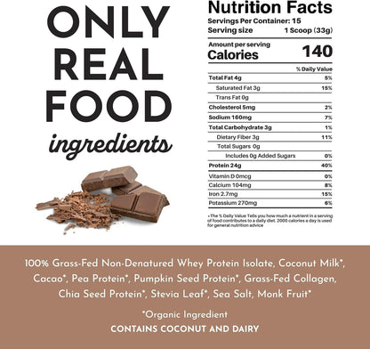 JUST INGREDIENTS Chocolate Protein Powder | 15 Servings | 100% Grass-Fed Whey | Non-GMO, Gluten-Free, No Artificial Flavors