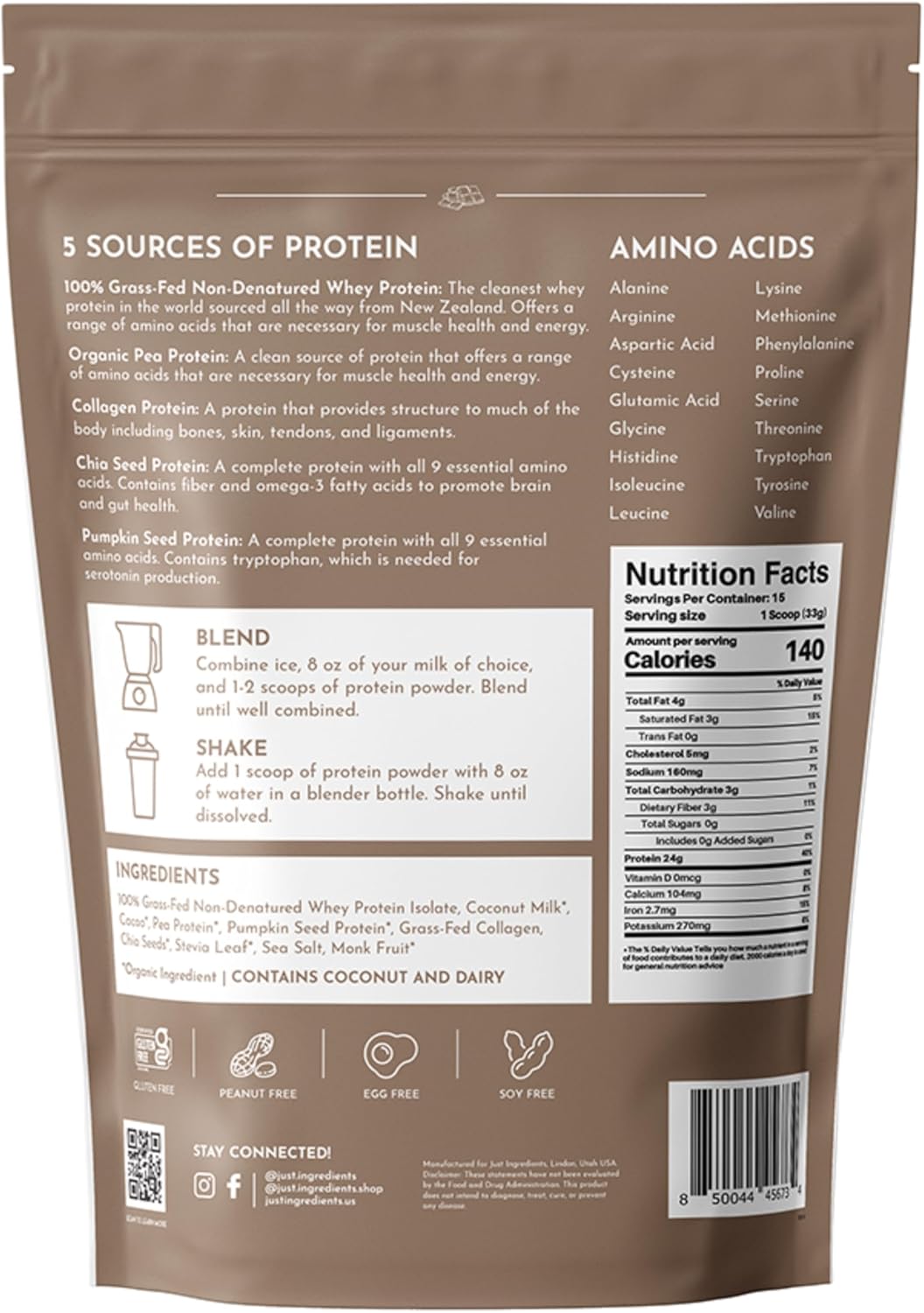 JUST INGREDIENTS Chocolate Protein Powder | 15 Servings | 100% Grass-Fed Whey | Non-GMO, Gluten-Free, No Artificial Flavors