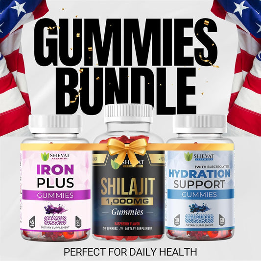 Shilajit Gummies 1000mg,Family Iron Gummies for Women, Men & Kids, and Electrolyte Gummies for Hydration –Non-GMO, Vegan, Gluten-Free, Immune & Energy Support-USA Made-3 Pack Essential